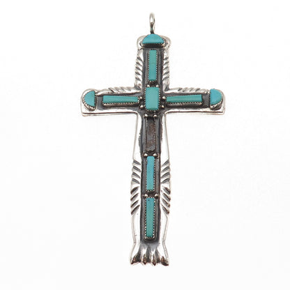 Lupe Iule Zuni Old Pawn Sterling Turquoise Cross 80.2g Pendant (missing stone)