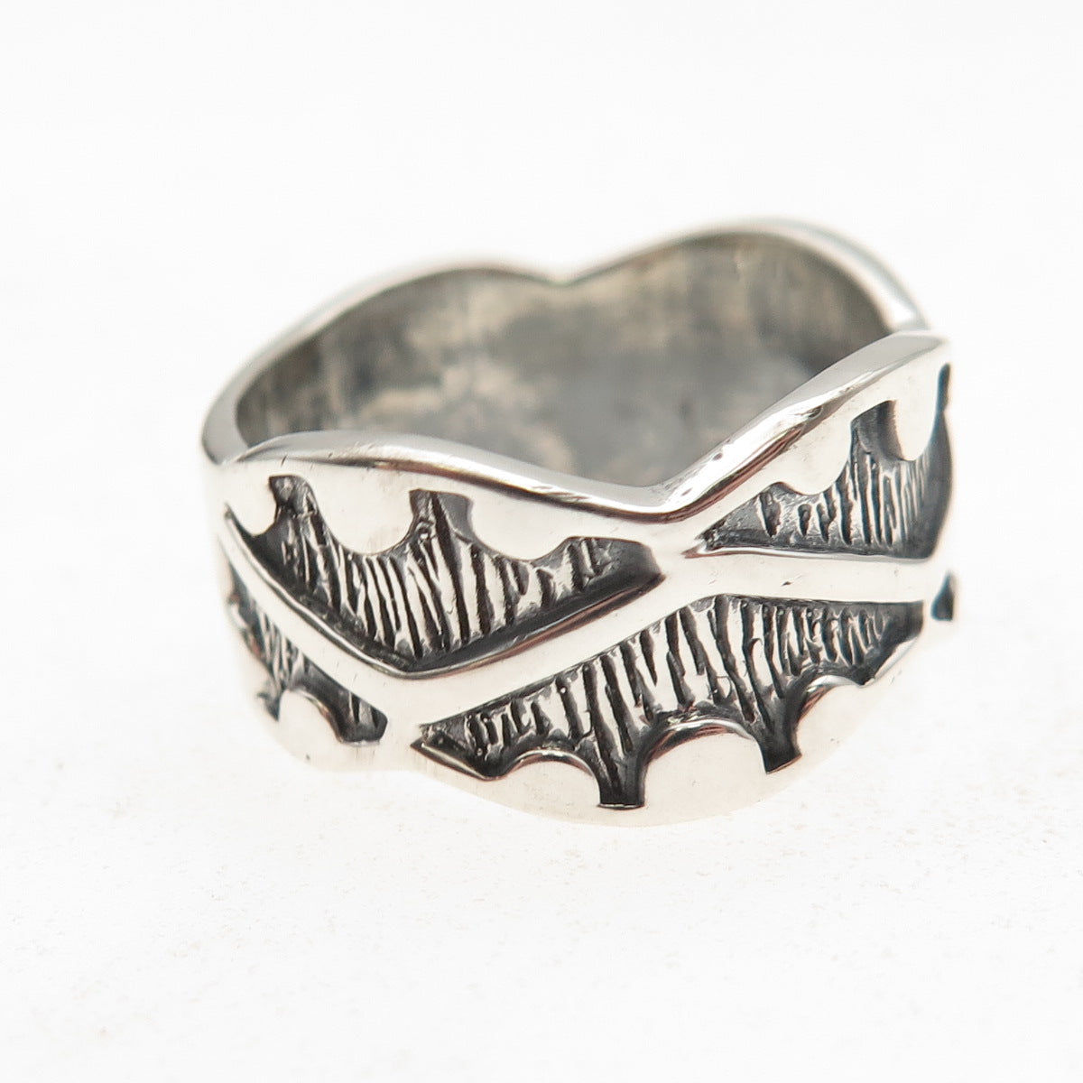 925 Sterling Silver Vintage Modernist Zig Zag Oxidized Band Ring Size 10.25