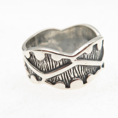 925 Sterling Silver Vintage Modernist Zig Zag Oxidized Band Ring Size 10.25