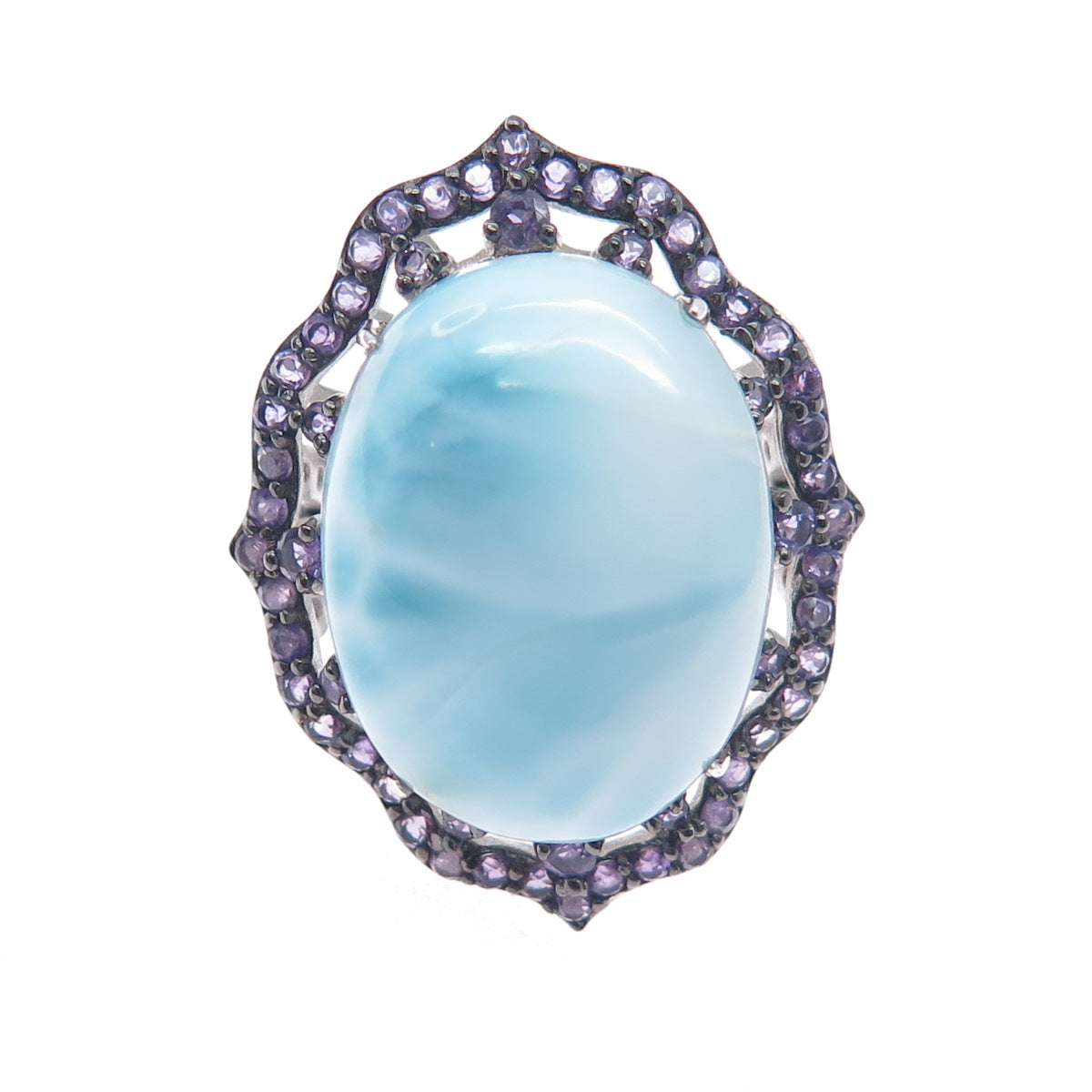 925 Sterling Silver Real Cabochon Larimar & Amethyst Ring Size 6.25