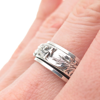 925 Sterling Silver Vintage Dragon Oxidized Rotating Band Ring Size 7.75
