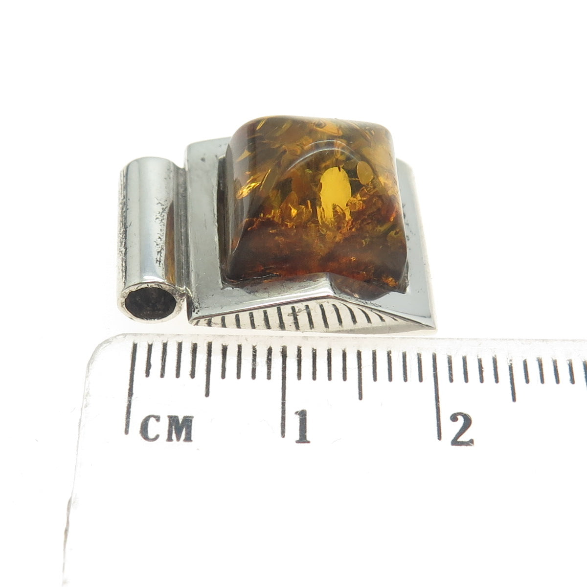 925 Sterling Silver Vintage Real Amber Modernist Square Pendant