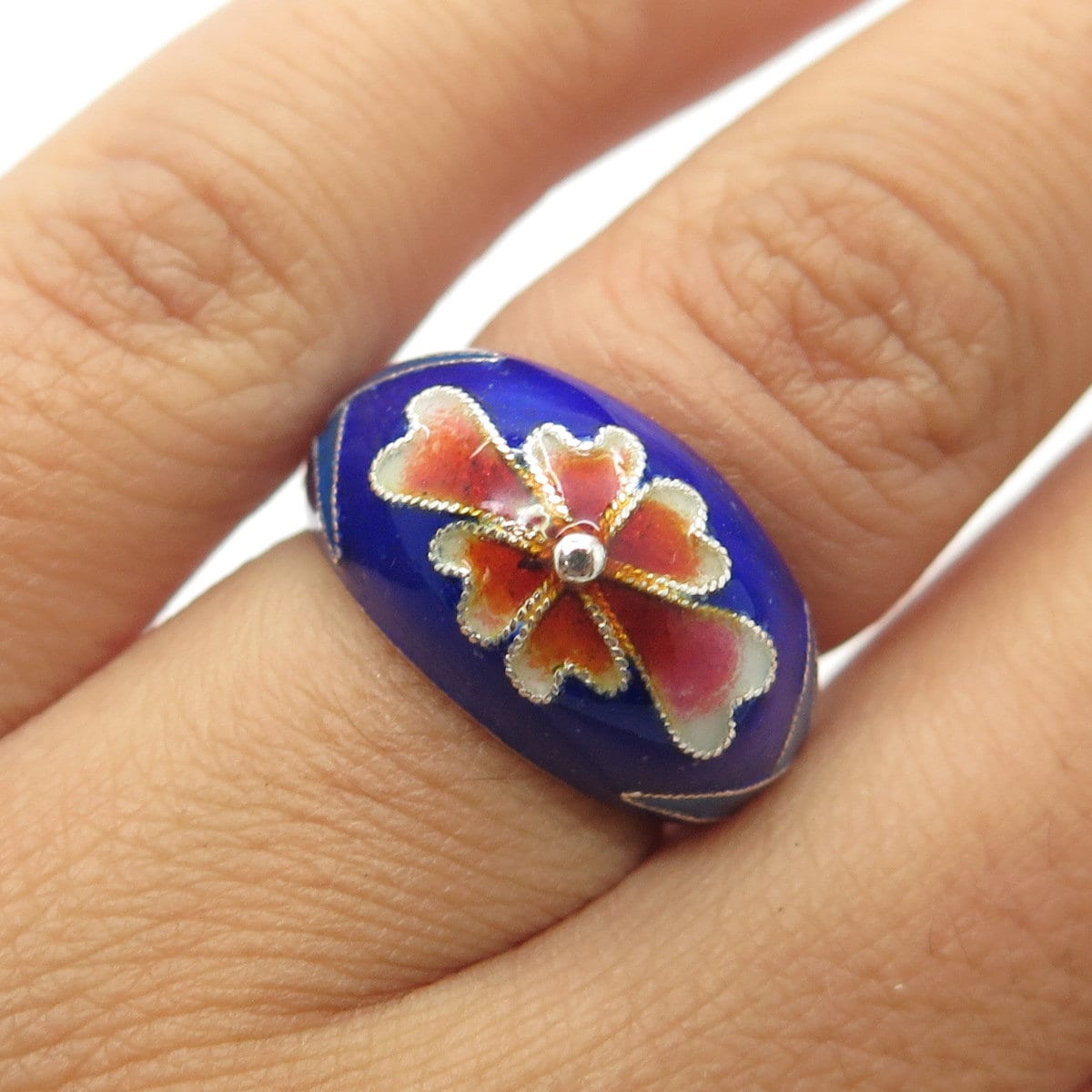925 Sterling Silver Antique Art Deco Colorful Enamel Adjustable Ring Size 5