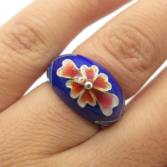 925 Sterling Silver Antique Art Deco Colorful Enamel Adjustable Ring Size 5