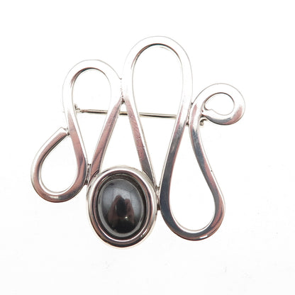 925 Sterling Silver Vintage Real Hematite Modernist Zig Zag Pin Brooch