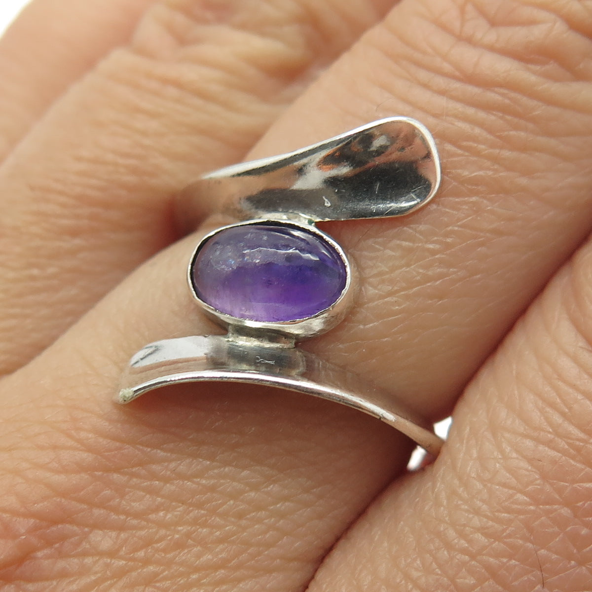 925 Sterling Silver Vintage Mexico Real Amethyst Modernist Ring Size 8