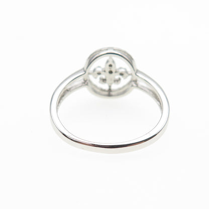 925 Sterling Silver Real Round-Cut Diamond Fleur de Lis Ring Size 7