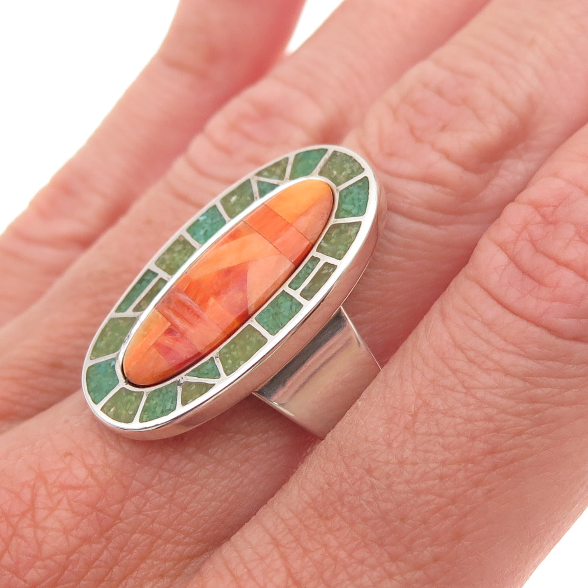 Carolyn Pollack Sterling Vintage Spiny Oyster & Turquoise Inlay Ring Size 8.25