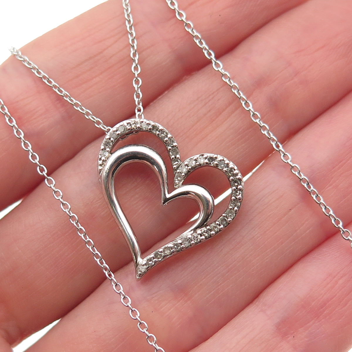 925 Sterling Silver Real Round-Cut Diamond Heart Cable Chain Necklace 18"
