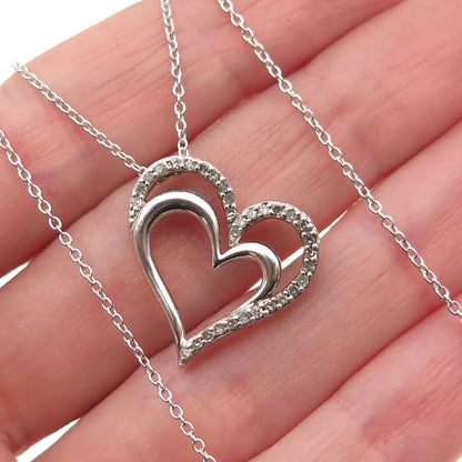 925 Sterling Silver Real Round-Cut Diamond Heart Cable Chain Necklace 18"