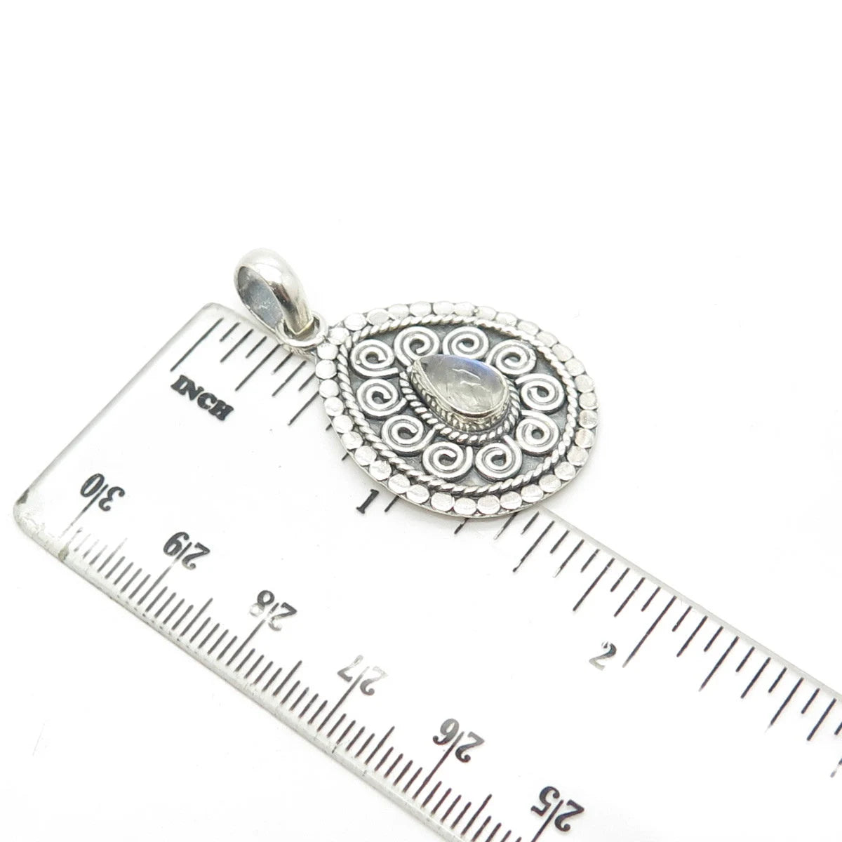 925 Sterling Silver Vintage Real Moonstone Gem Swirl Ornate Pendant