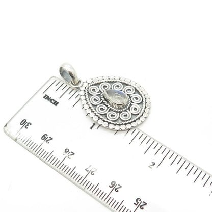 925 Sterling Silver Vintage Real Moonstone Gem Swirl Ornate Pendant