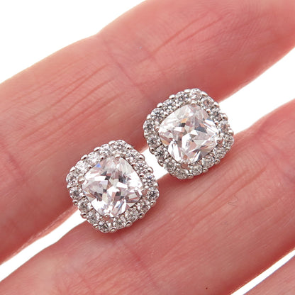 925 Sterling Silver Cushion & Round-Cut C Z Stud Earrings