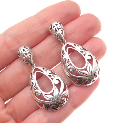 925 Sterling Silver Vintage Modernist Floral Teardrop Dangle Earrings