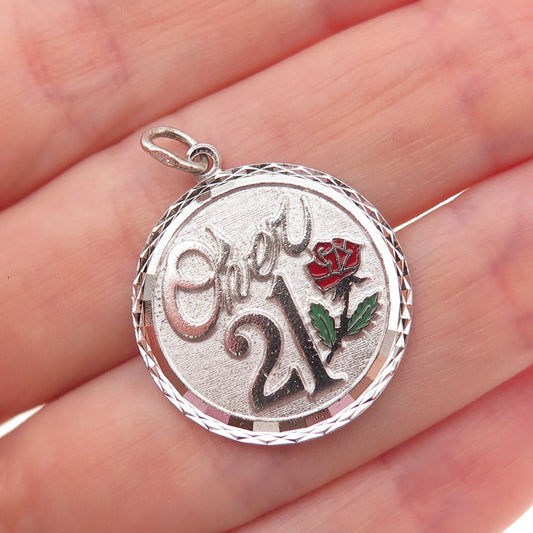 Griffith & Sons 925 Sterling Silver Vintage Enamel Over 21 Rose Charm Pendant