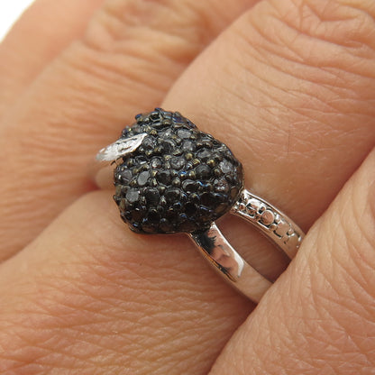 925 Sterling Silver Real Round-Cut Black Diamond Heart Ring Size 7.5