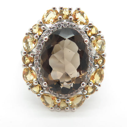 925 Sterling Silver Real Smoky Quartz Citrine White Topaz Cluster Ring Size 7.25