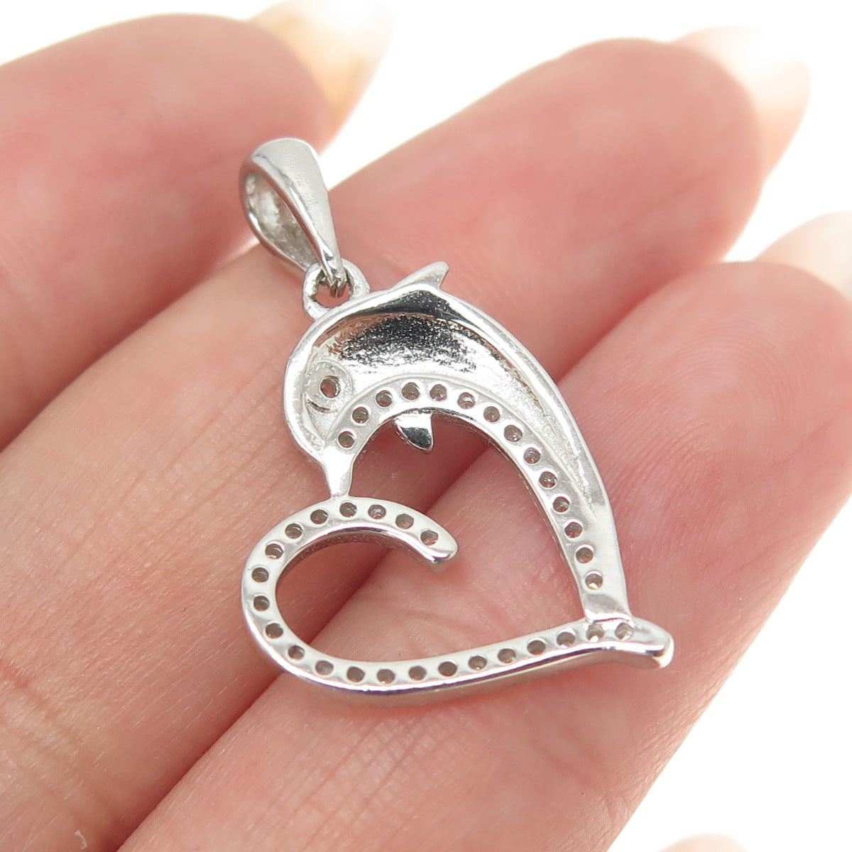 925 Sterling Silver Round-Cut C Z Dolphin Heart Pendant