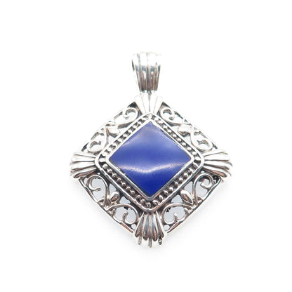 925 Sterling Silver Vintage Mexico Real Lapis Ornate Oxidized Charm Pendant
