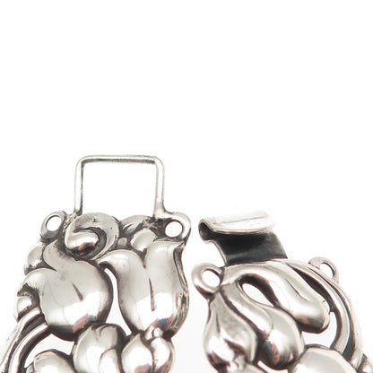 925 Sterling Silver Antique Art Deco Floral Oxidized Panel Link Bracelet 6.75"