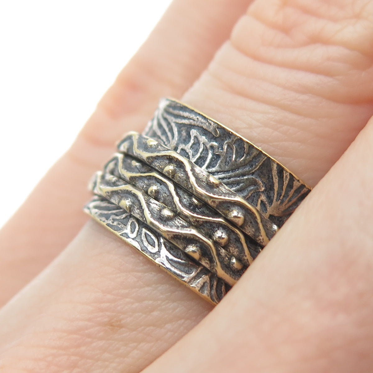925 Sterling Silver 2-Tone Vintage Oxidized Rotating Wide Band Ring Size 5.5