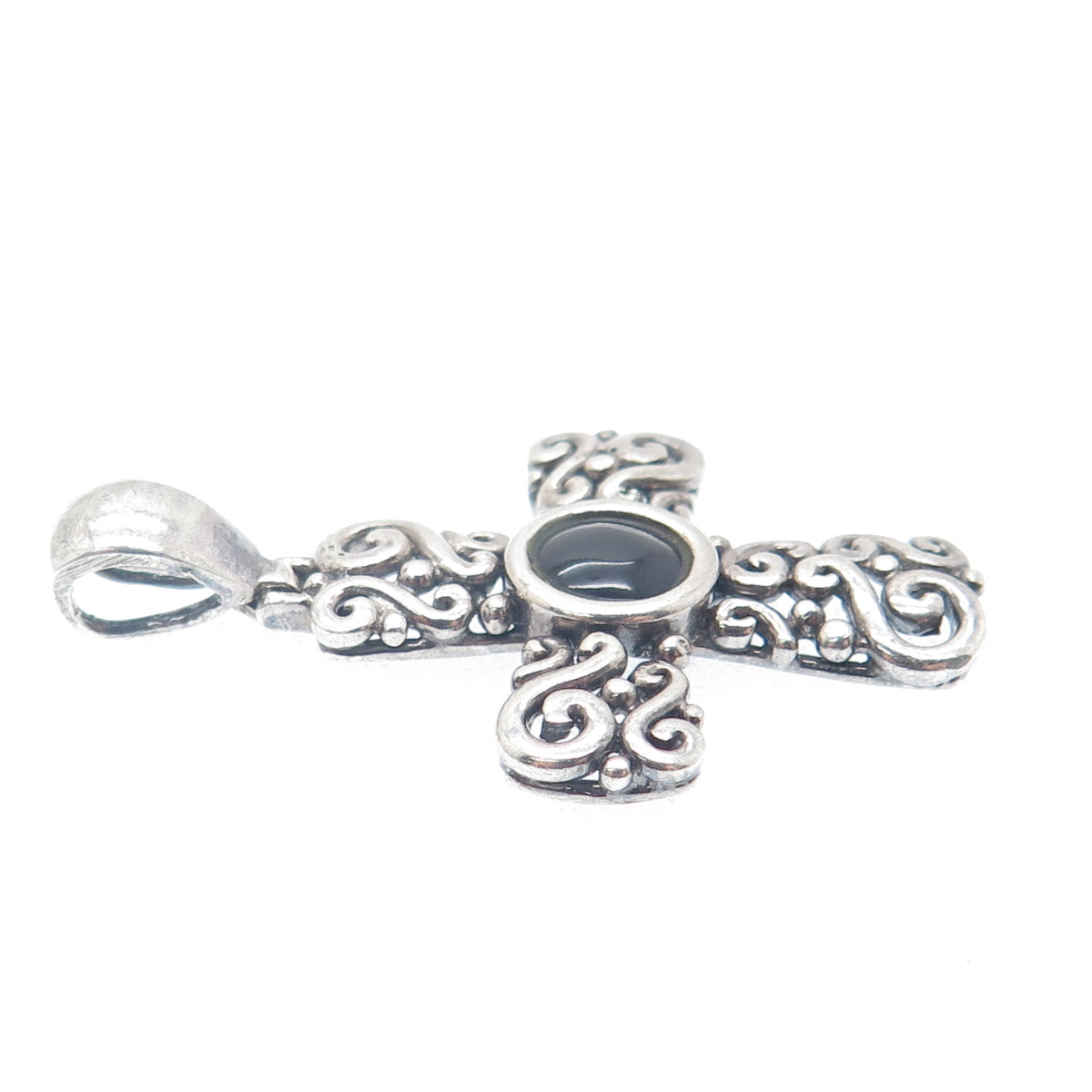 CFJ Collins Fine Jewelry Sterling Vintage Real Black Onyx Swirl Cross Pendant