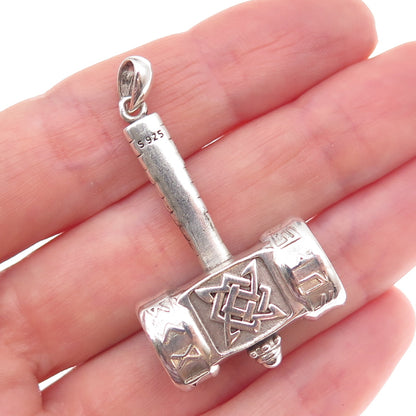 925 Sterling Silver Vintage Thor's Hammer Oxidized 3D Pendant