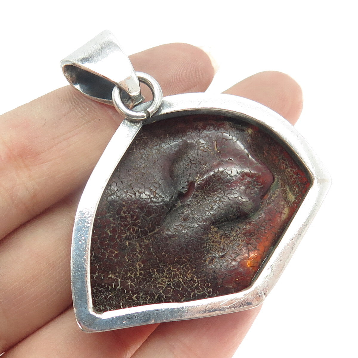 925 Sterling Silver Vintage Real Amber Modernist Pendant