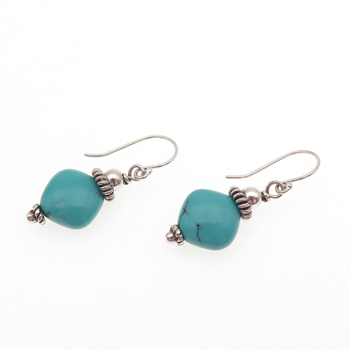 925 Sterling Silver Vintage Real Tyrone Turquoise Cannetille Dangle Earrings