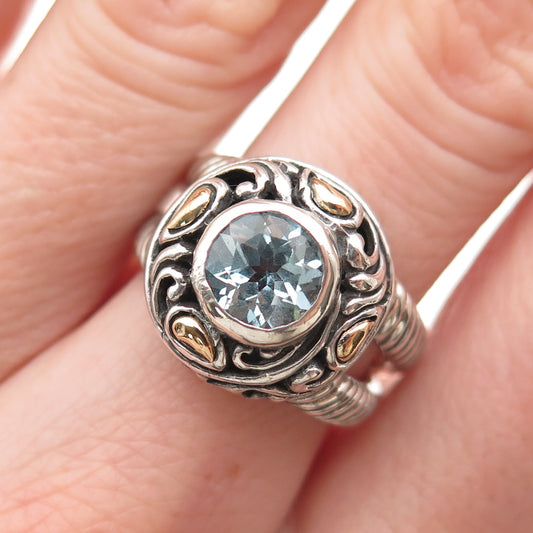 925 Sterling Silver 18K Gold Vintage Real Blue Topaz Modernist Ring Size 7.25