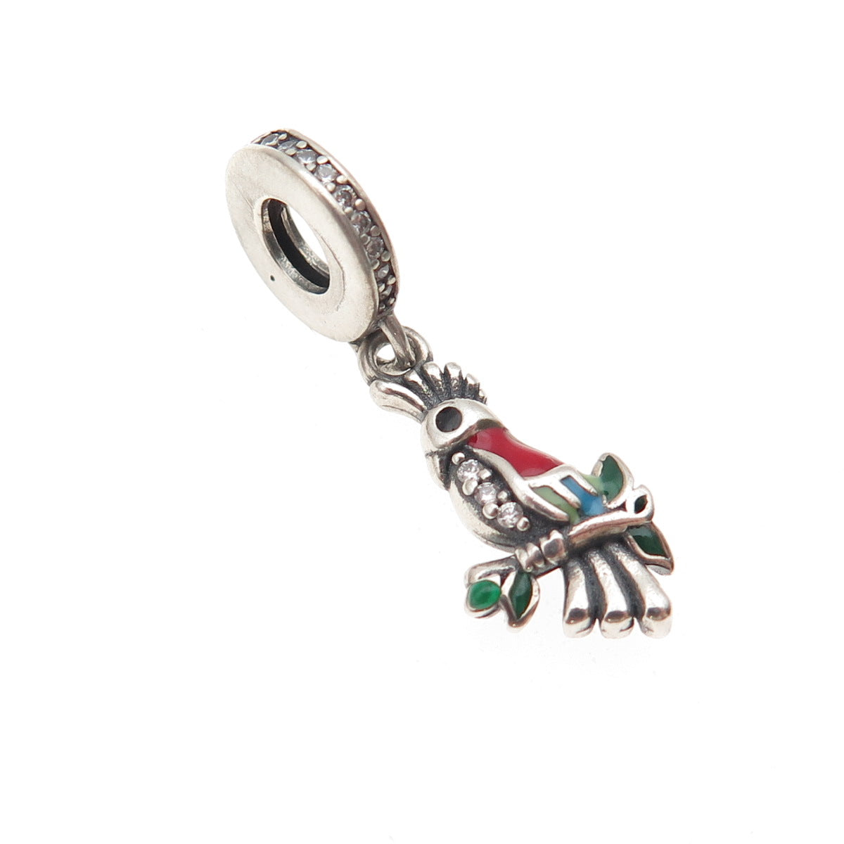 925 Sterling Silver Enamel & C Z Parrot Bird Dangle Slide Charm