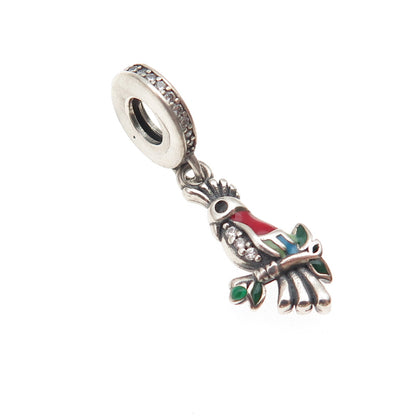 925 Sterling Silver Enamel & C Z Parrot Bird Dangle Slide Charm