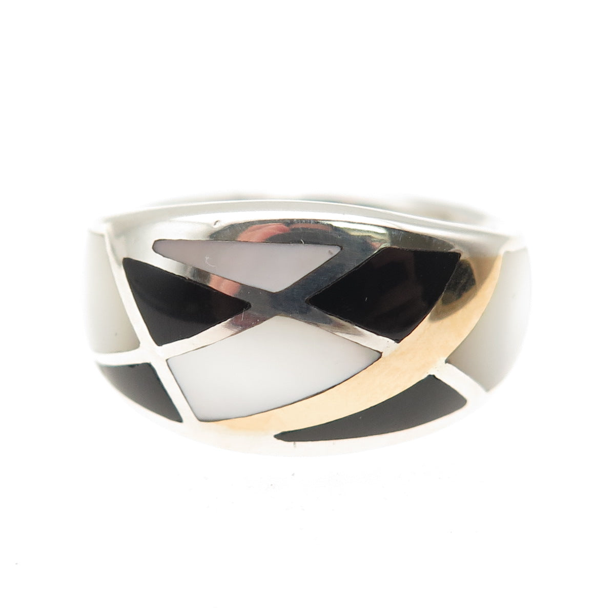 Eric Grossbardt 925 Sterling Silver 18K Gold Vintage Real MOP & Onyx Ring Size 7