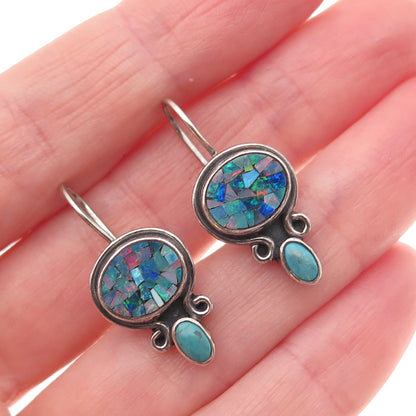 PB Paul Brackna 925 Sterling Silver Vintage Real Opal Inlay & Turquoise Earrings