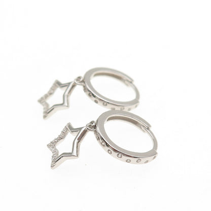 925 Sterling Silver Round-Cut C Z Star Dangle Hoop Earrings