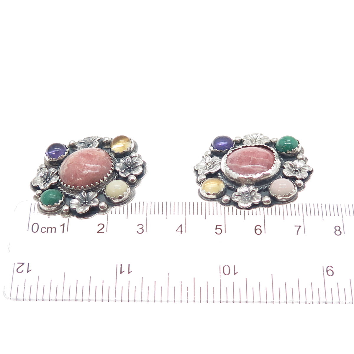 SILVER CLOUD Old Pawn 925 Sterling Vintage Multi-Gem Flower Clip On Earrings
