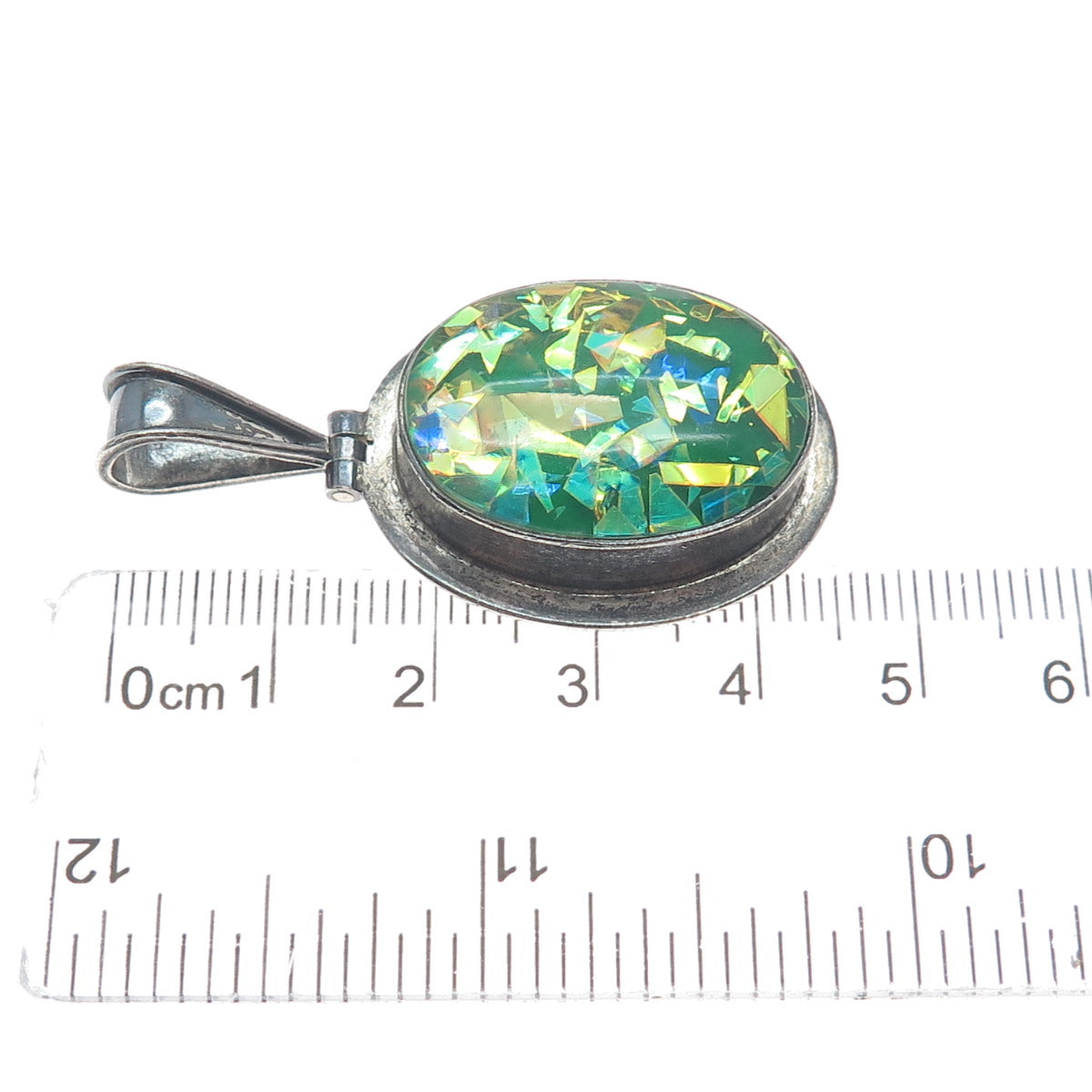 925 Sterling Silver Vintage Mexico Roman Glass Inlay Oxidized Charm Pendant