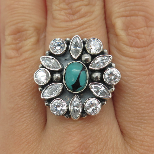 925 Sterling Silver Vintage Real Turquoise Gemstone & C Z Ring Size 8