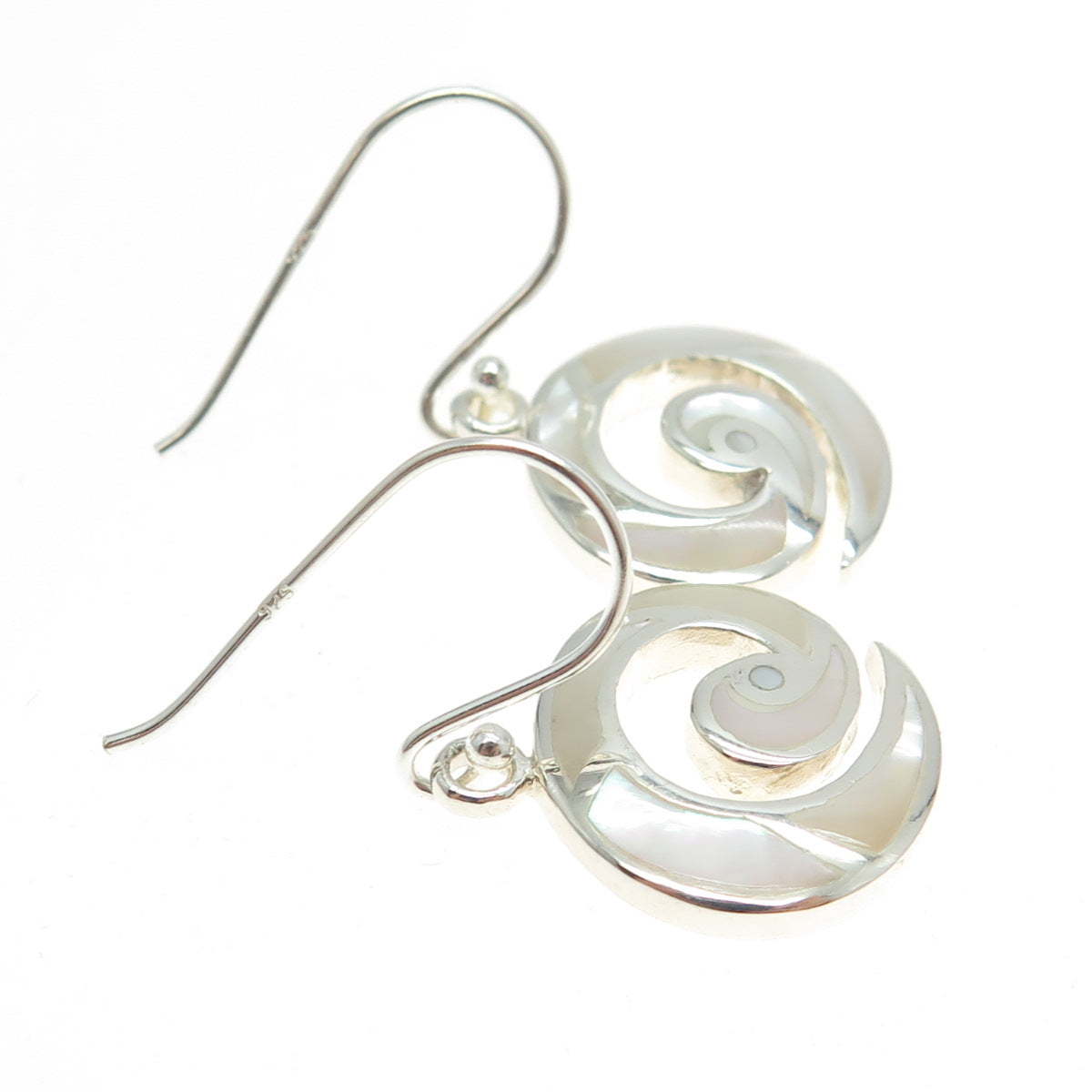 925 Sterling Silver Real Mother-of-Pearl Spiral Dangling Earrings