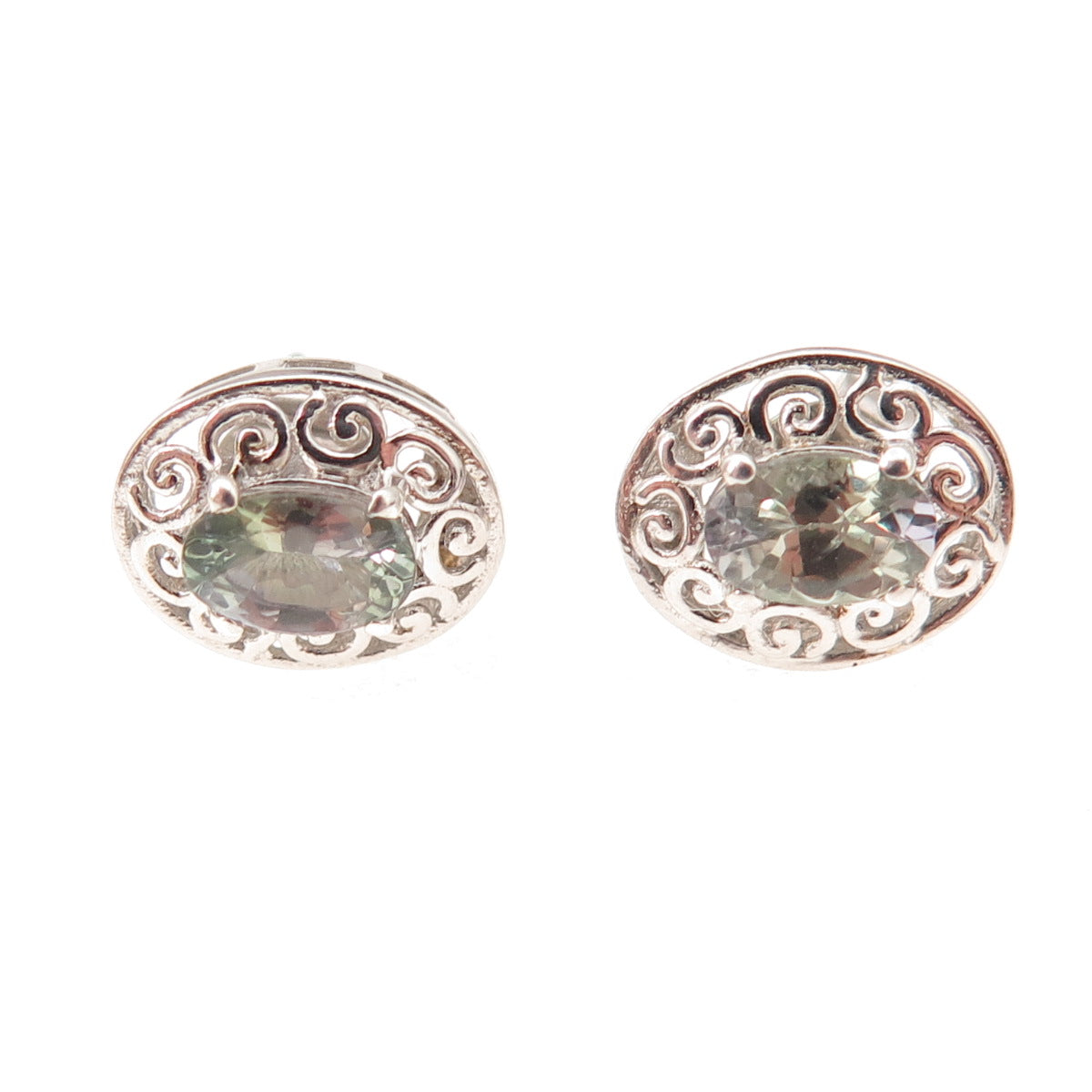 Chuck Clemency 925 Sterling Silver Real Oval-Cut Iolite Floral Stud Earrings