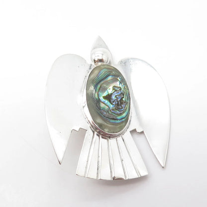 925 Sterling Silver Vintage Mexico Real Cabochon Abalone Shell Bird Pin Brooch