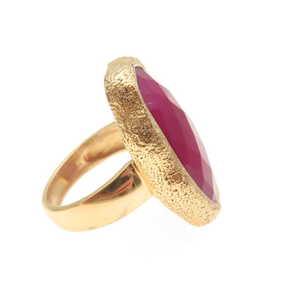 925 Sterling Silver Gold Plated Real Pink Quartz Modernist Ring Size 7.25