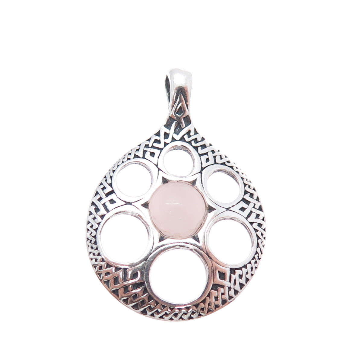 AICC 925 Sterling Silver Vintage Real Rose Quartz Modernist Disc Charm Pendant