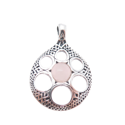 AICC 925 Sterling Silver Vintage Real Rose Quartz Modernist Disc Charm Pendant