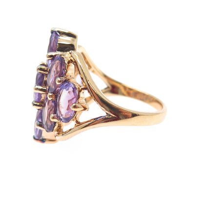 925 Sterling Silver Gold Plated Real Oval-Cut Amethyst Cluster Ring Size 7