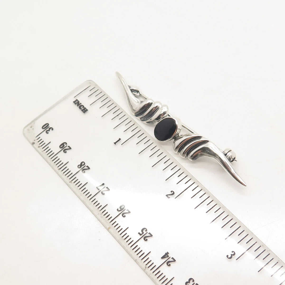 925 Sterling Silver Vintage Real Black Onyx Gemstone Ribbed Pin Brooch