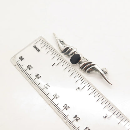 925 Sterling Silver Vintage Real Black Onyx Gemstone Ribbed Pin Brooch