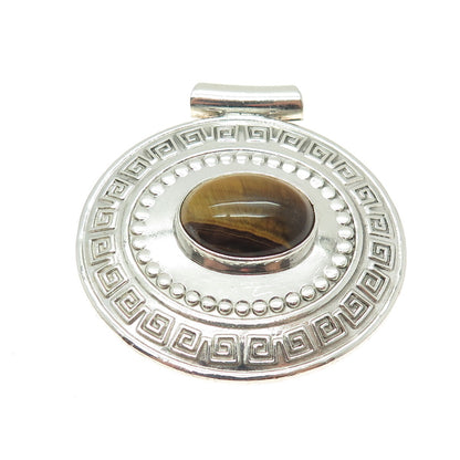 925 Sterling Silver Vintage Mexico Real Tiger Eye Greek Maze Slide Pendant