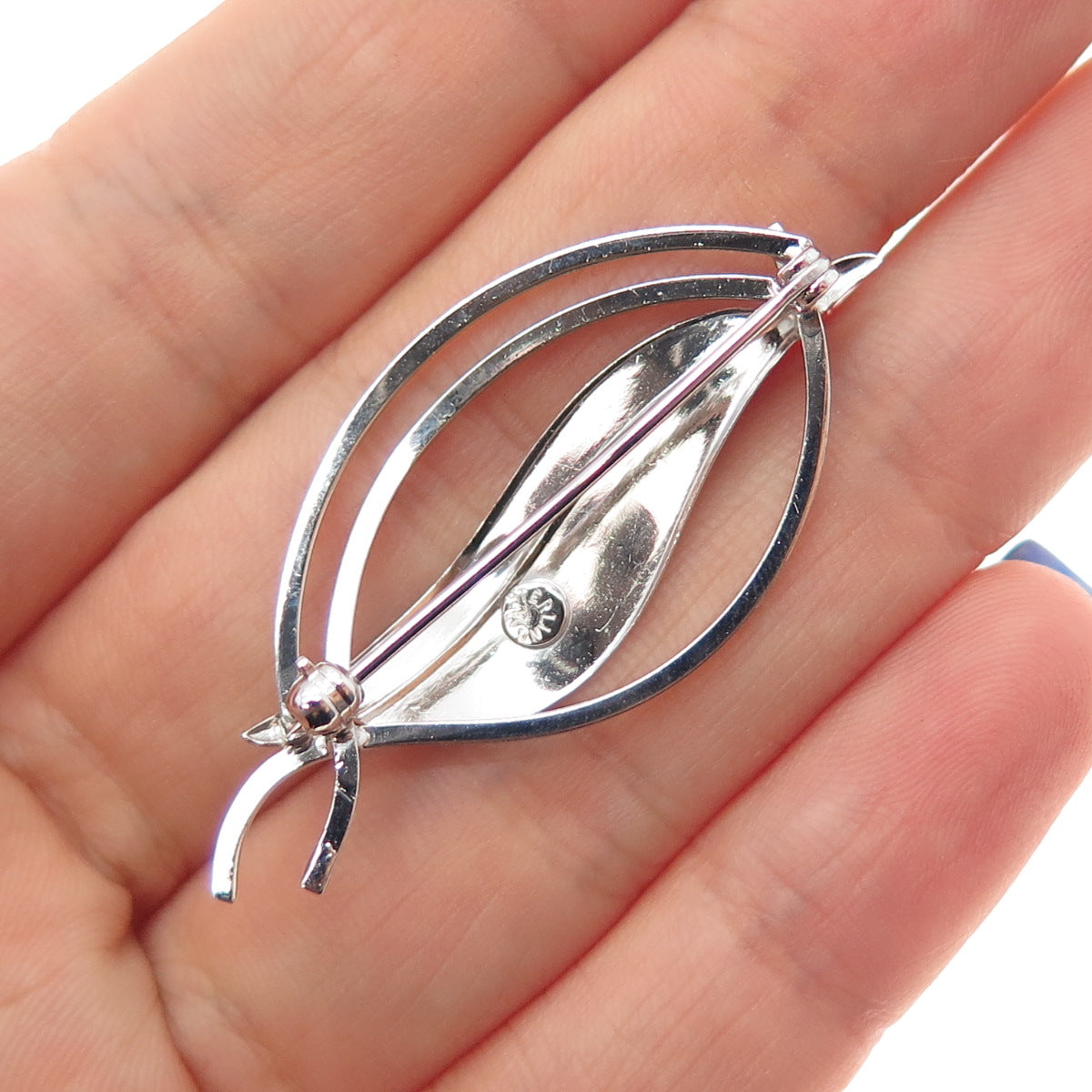 TRU-KAY 925 Sterling Silver Vintage Modernist Floral Leaf Pin Brooch