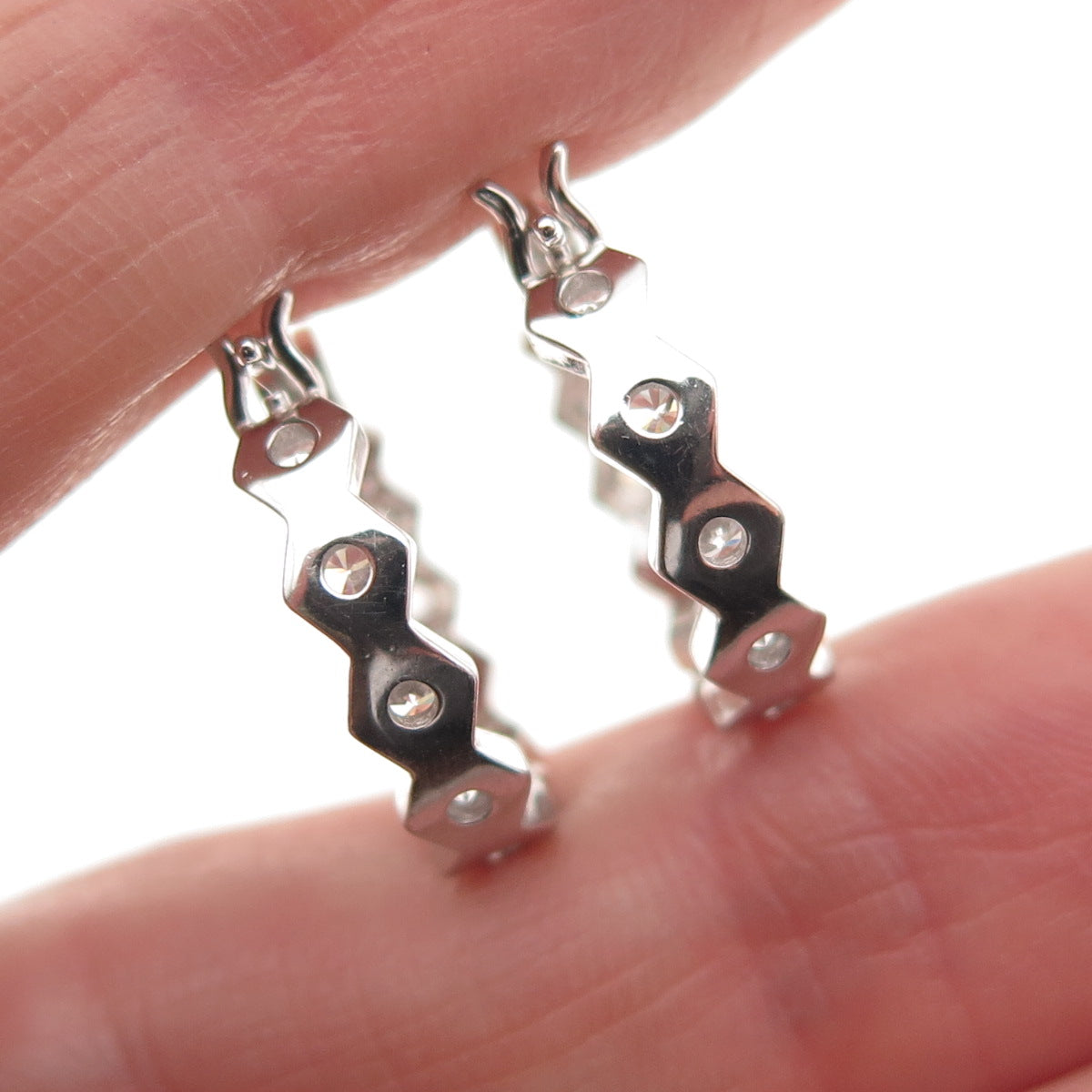 925 Sterling Silver Round-Cut C Z In & Out Hoop Earrings